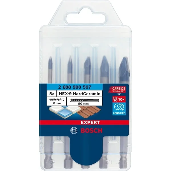 Bosch Professional EXPERT HEX-9 HardCeramic Bohrer-Satz, 5-teilig (Ø 4 / 5 / 6 / 8 / 10mm)