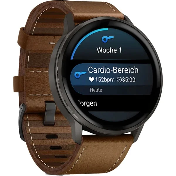 Garmin Venu 4 - 45 mm, Smartwatch (schwarz/schiefergrau, Leder-Armband in braun)