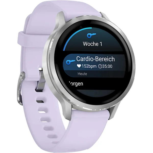 Garmin Venu 4 - 41 mm, Smartwatch (silber/grau, Silikon-Armband in lavendelblau)