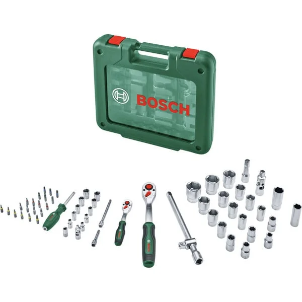 Bosch Heimwerken & Garten 1/4" + 1/2" Ratschen Set mit Steckschlüsseln, 60-teilig (grün, Drehmoment bis 768 Nm, im Koffer)