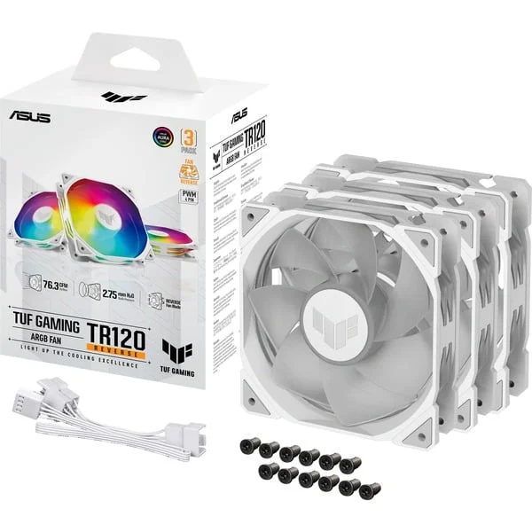 ASUS TUF GAMING TR120 ARGB, Gehäuselüfter (weiß/transparent, Reverse Blade, 3er Pack, 120 mm)