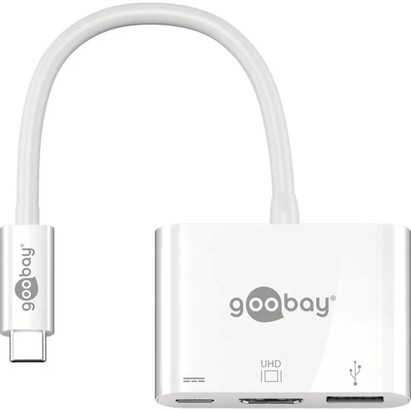 goobay USB 3.2 Gen 1 Multiport-Hub, USB-C Stecker > USB-A + USB-C + HDMI Buchse, USB-Hub (weiß, 15cm, PD, Laden mit bis zu 60 Watt)