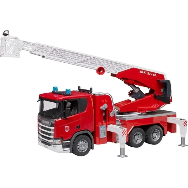 bruder 03591 Scania Super 560R Feuerwehr mit Drehleiter, Wasserpumpe, Light & Sound, Modellfahrzeug