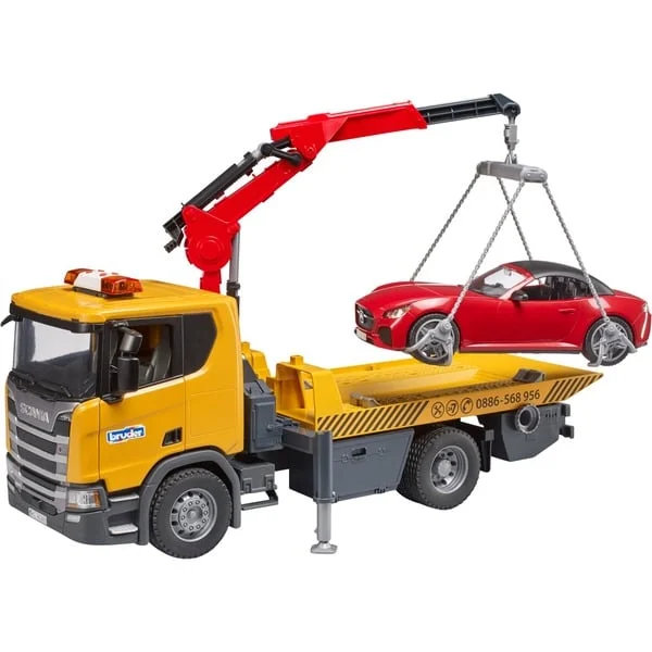 bruder 03552 Scania Super 560R Abschlepp-LKW mit Light & Sound Modul und Roadster, Modellfahrzeug