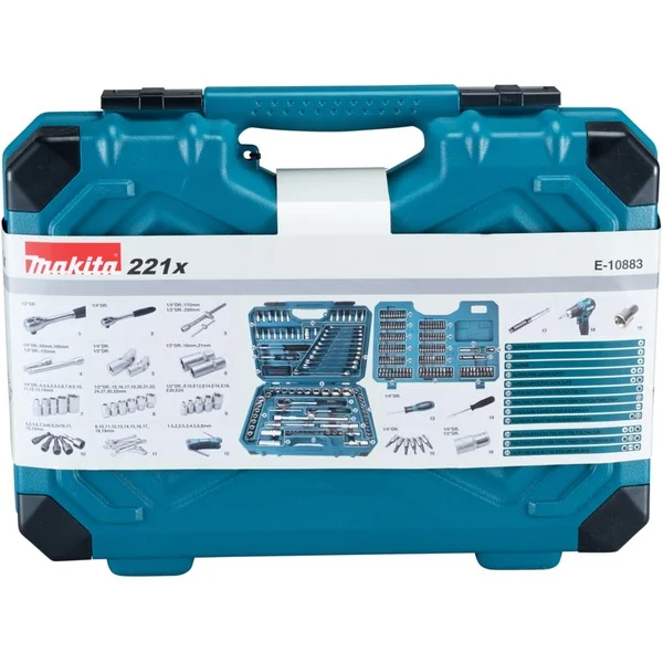 Makita Handwerkzeug-Set E-10883, 221-teilig (blau, inkl. 2 Umschalt-Knarren, 1/4" und 1/2")