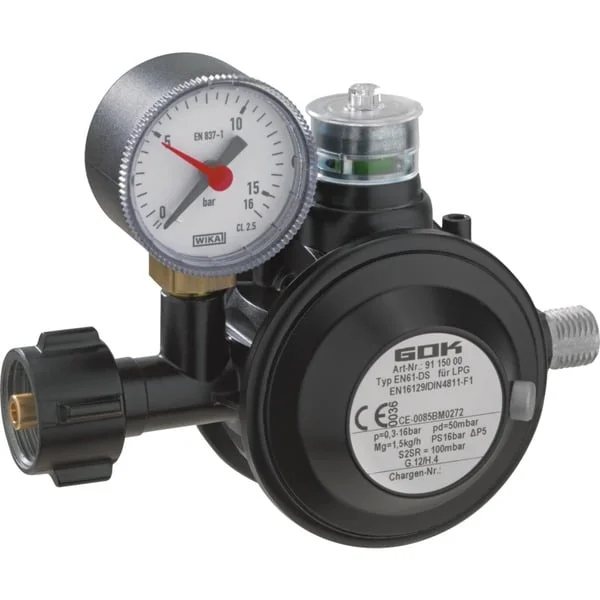 GOK Gasdruckregler EN61-DS PRO 1,5kg/h, Regulierventil (schwarz, mit Manometer)