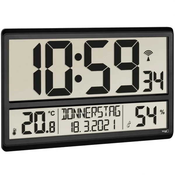 TFA Digitale XL-Funkuhr mit Raumklima, Wecker (schwarz, 36cm breit)