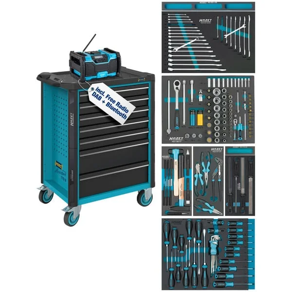 Hazet Werkstattwagen Assistent mit Sortiment (179N-7/153EC), Werkzeugwagen (blau/schwarz, 153-teilig, inkl. DAB Radio)