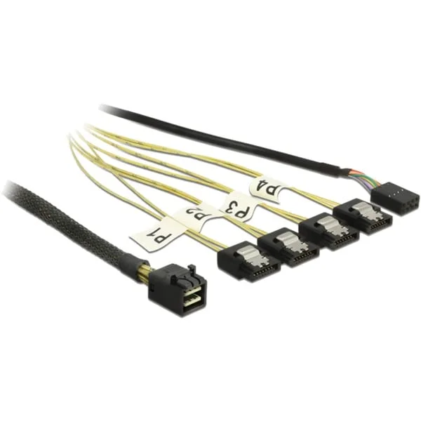 DeLOCK Adapterkabel Mini SAS HD SFF-8643 > 4x SATA 7 Pin Reverse (schwarz, 1 Meter, mit Sideband)