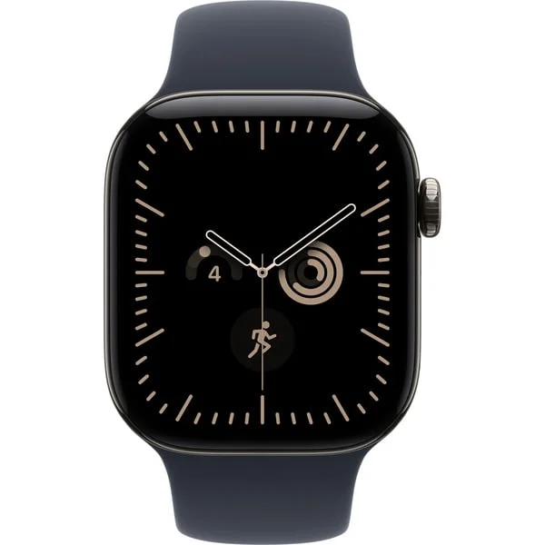 Apple Watch Series 12, Smartwatch (Titan Natur, 42 mm, Sportarmband Navyblau M/L, Cellular)