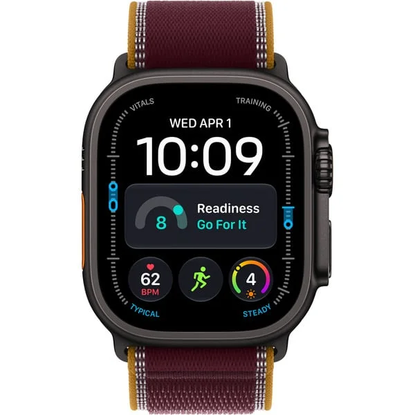 Apple Watch Ultra 4, Smartwatch (Titan schwarz, 49 mm, Trail Loop Burgunder M/L, Cellular)
