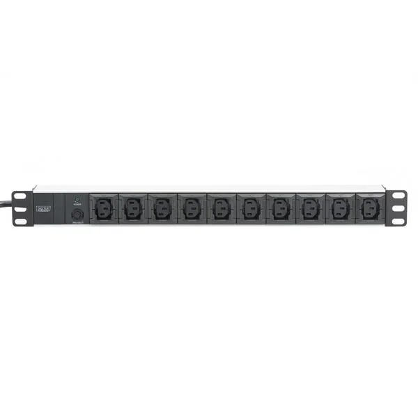 Digitus 19" Steckdosenleiste C13 mit Aluminiumprofil, 10-fach, 1HE (schwarz/aluminium, 2 Meter Kabel, Überlastschutz)