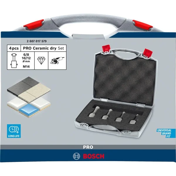 Bosch Professional PRO Ceramic dry Bohrkronen-Set, Ø 6 - 12mm, Bohrer-Satz (4-teilig, für kleine Winkelschleifer)