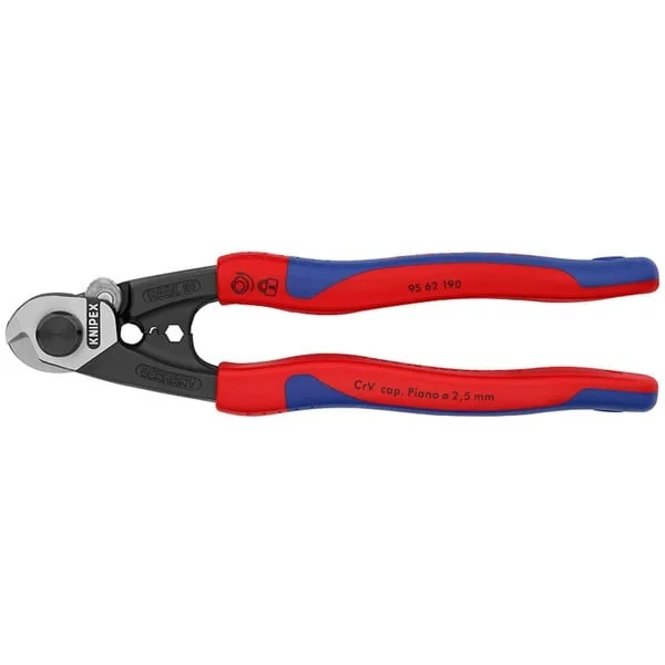 KNIPEX Drahtseilschere 95 62 190 , Schneid-Zange (blau, mit zwei Pressprofilen für Endhülsen)