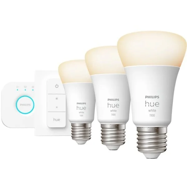 Philips HUE White Starter-Kit E27, LED-Lampe (drei Lampen, eine Hue-Bridge, ein Dimmschalter, ersetzt 75 Watt)
