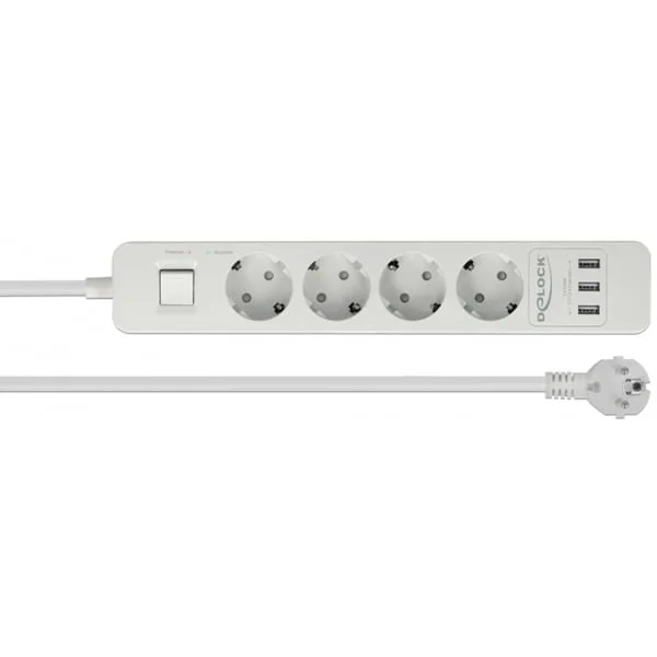 DeLOCK Steckdosenleiste 4-fach, 3x USB (weiß, 1,5 Meter Kabel, Überspannungsschutz, mit Schalter)