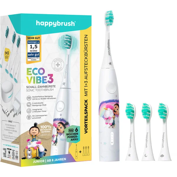 happybrush ECO VIBE KIDS Agnes + 3 Refills, Elektrische Zahnbürste (weiß)