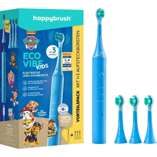 happybrush ECO VIBE KIDS Paw Patrol + 3 Refills, Elektrische Zahnbürste (hellblau)