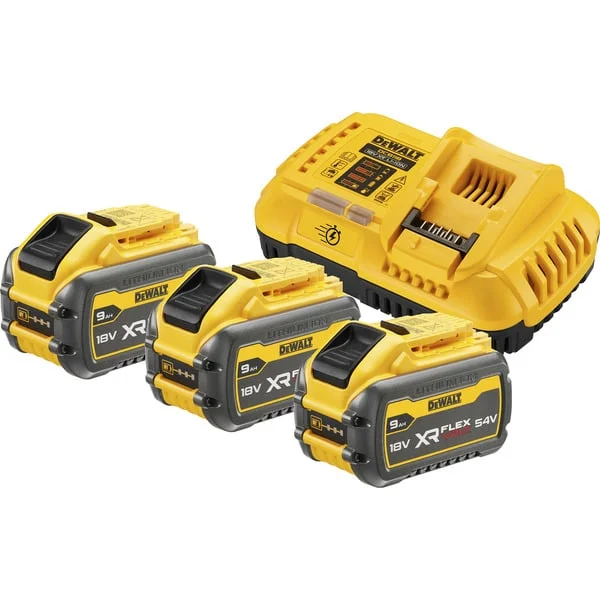 DEWALT XR FLEXVOLT Akku Starterkit DCB118X3, inkl. 3x Akku 54Volt 3Ah, Set (gelb/schwarz, 54Volt 3Ah oder 18Volt 9Ah, Schnellladegerät DCB118)