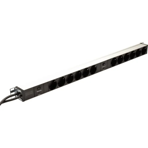 Digitus 19" Steckdosenleiste mit Aluminiumprofil, 12-fach, 1HE (schwarz/aluminium, 2x 2 Meter Kabel, Überlastschutz)