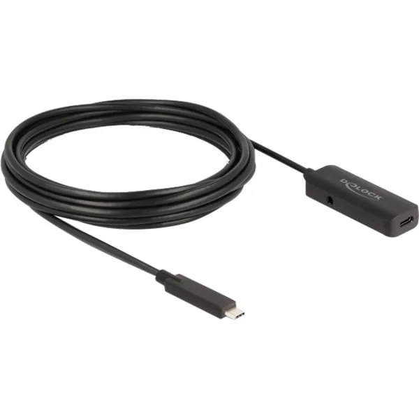 DeLOCK USB 3.2 Gen 2 Aktivverlängerungskabel, USB-C Stecker > USB-C Buchse (schwarz, 5 Meter, 10 Gbps, mit DC Strombuchse)
