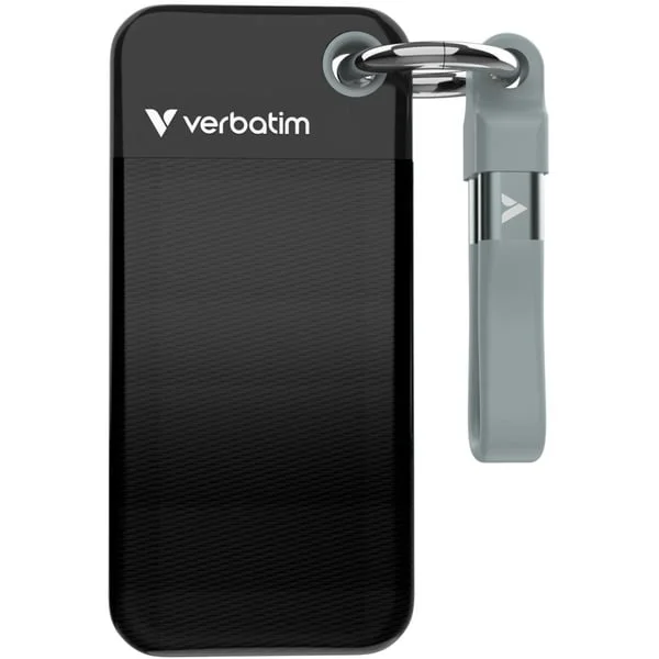 Verbatim Pocket SSD 2 TB, Externe SSD (schwarz/grau, USB-C 3.2 Gen 2 (10 Gbit/s), mit Schlüsselring und Kabelhalter)