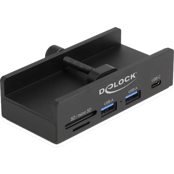 DeLOCK Externer USB 5 Gbps Hub mit 2 x USB Typ-A, 1 x USB Type-C™ und SD + Micro SD Slot mit Feststellschraube, USB-Hub (schwarz)