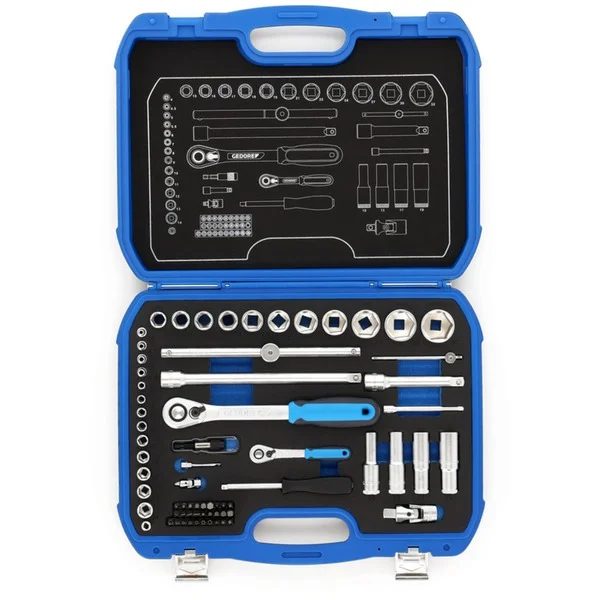 GEDORE Steckschlüssel-Satz 19 BMC 20, 1/4" + 1/2", Werkzeug-Set (schwarz/blau, 69-teilig, mit 2 Umschalt-Knarren)