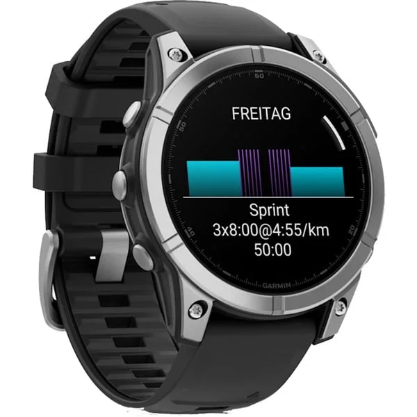 Garmin fēnix E - 47mm, AMOLED, Smartwatch (Schwarz/Silber, Silikon-Armband, Edelstahl)