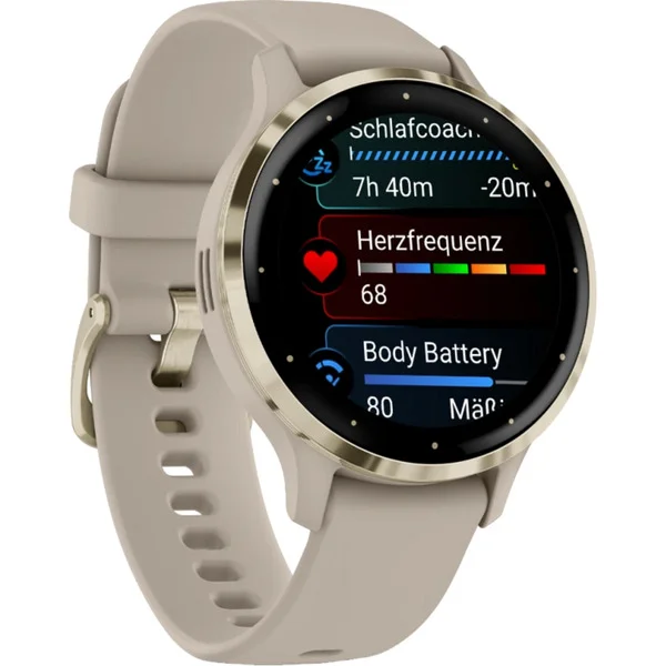 Garmin Venu 3S, Smartwatch (beige/gold, 41 mm, schwarzes Silikon-Armband)