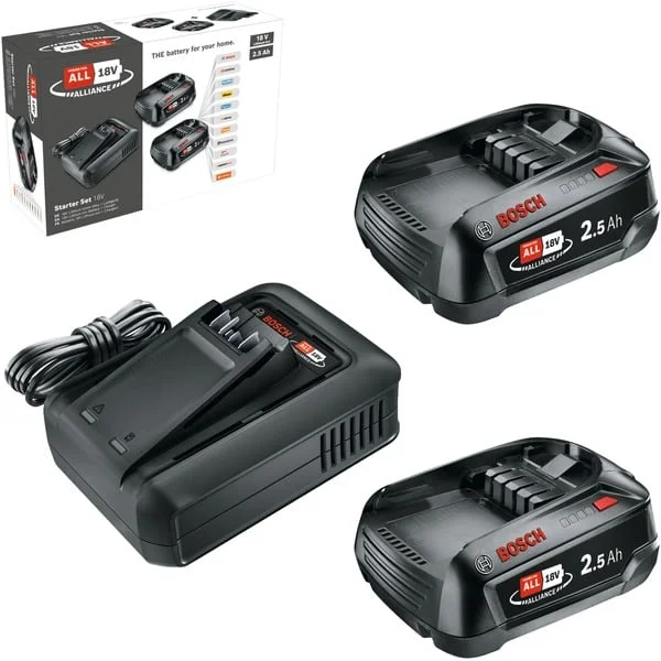 Bosch Heimwerken & Garten Akku Starter-Set 18V 2x 2,5Ah + Schnellladegerät AL 18V-44 (schwarz, 2x Li-Ionen Akku 2,5Ah, POWER FOR ALL ALLIANCE)