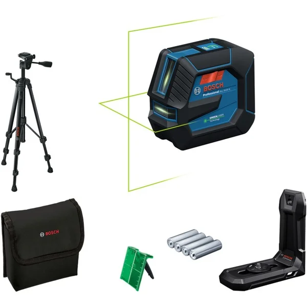 Bosch Professional Linienlaser GLL 20-22 G Professional (blau/schwarz, grüne Laserlinien, inkl. Universalhalter LB 10 und Baustativ BT 150)