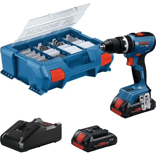 Bosch Professional Akku-Schlagbohrschrauber GSB 18V-65 Professional, 18Volt (blau, 2x Li-Ion Akku 4,0Ah, 82-teiliges Zubehör-Set in L-Case)