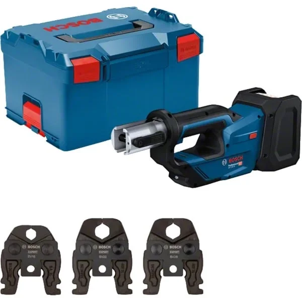 Bosch Professional Akku-Presswerkzeug GPT 18V-19 Professional solo, 18Volt, Kit SV, Pressmaschine (blau, ohne Akku und Ladegerät, 3 Pressbacken Compact SV, in L-BOXX)