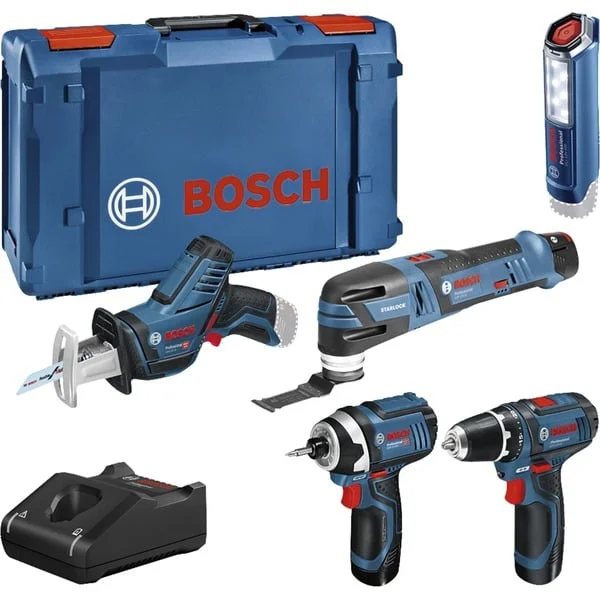 Bosch Professional Werkzeug-Set 12Volt 5-teilig, GOP + GSR + GDR + GSA + GLI (blau, 3x Li-Ionen Akku 2,0Ah)