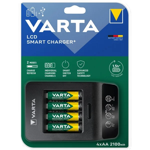 VARTA LCD Smart Charger+, Ladegerät (inkl. 4x Mignon, AA, 2100 mAh)