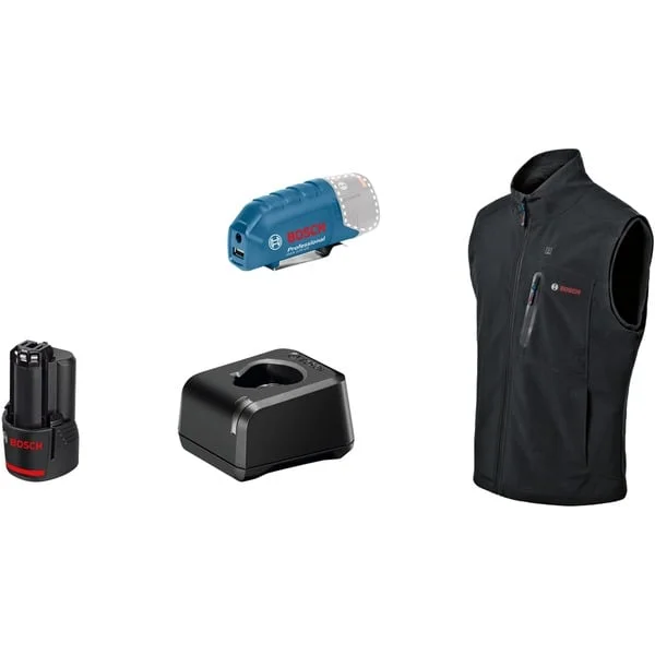 Bosch Professional Heat+Jacket GHV 12+18V Kit Größe M, Arbeitskleidung (schwarz, inkl. Ladegerät GAL 12V-20 Professional, 1x Akku GBA 12V 2.0Ah)