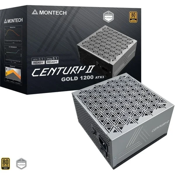 Montech CENTURY II 1200, PC-Netzteil (silber, 1x 12-Pin High Power GPU, 6x PCIe, Kabelmanagement, 1200 Watt)