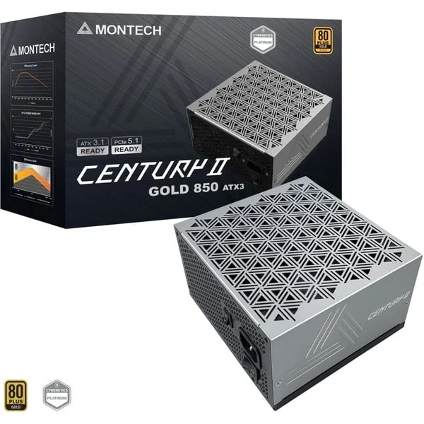 Montech CENTURY II 850, PC-Netzteil (silber, 1x 12-Pin High Power GPU, 4x PCIe, Kabelmanagement, 850 Watt)