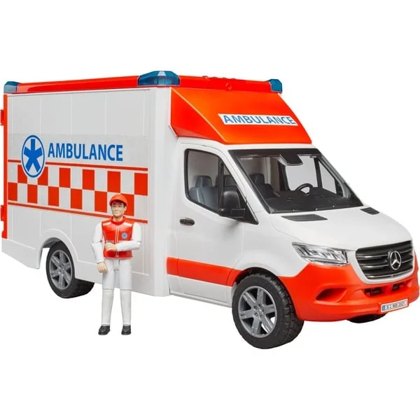 bruder 02676 MB Sprinter Ambulanz mit Fahrer, Modellfahrzeug (rot/weiß)