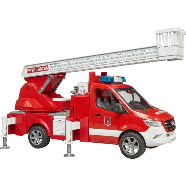 bruder 02673 MB Sprinter Feuerwehr mit Light & Sound Modul, Modellfahrzeug (rot/weiß, Drehleiter, Pumpe)