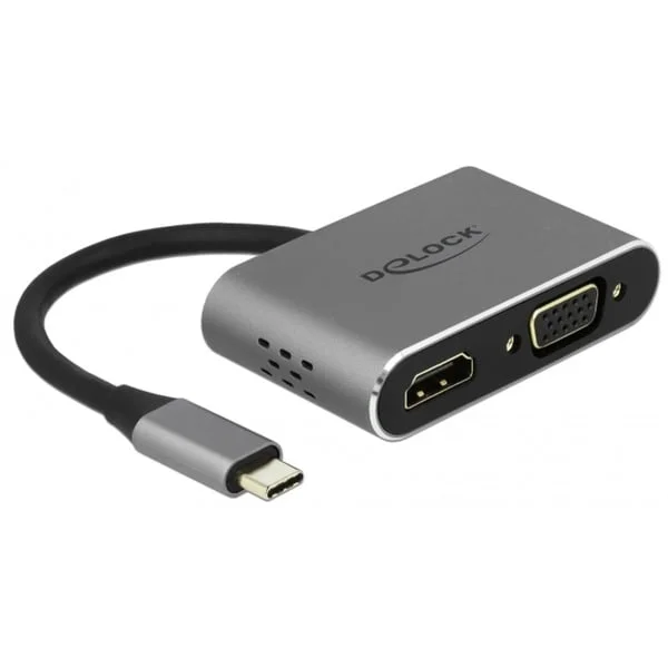 DeLOCK USB 3.2 Gen 1 Adapter, USB-C Stecker > USB-A + USB-C + HDMI + VGA Buchse (grau, 12cm, PD, Laden mit bis zu 87 Watt)