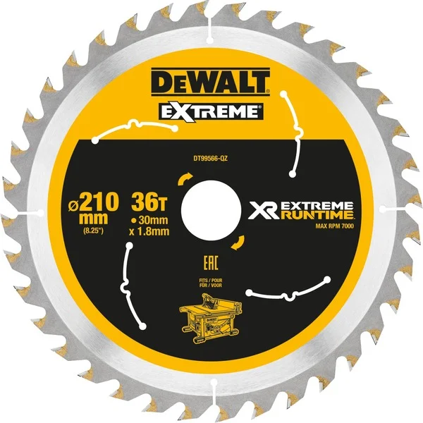 DEWALT Kreissägeblatt XR EXTREME RUNTIME DT99566, Ø 210mm, 36Z (Bohrung 30mm, für Akku-Tischsägen)