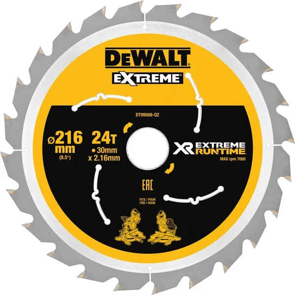 DEWALT Kreissägeblatt XR EXTREME RUNTIME DT99568, Ø 216mm, 24Z (Bohrung 30mm, für Akku-Paneelsägen)