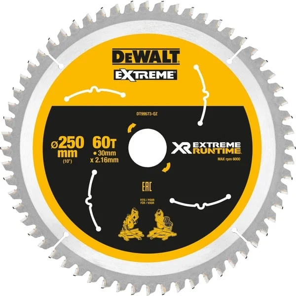 DEWALT Kreissägeblatt XR EXTREME RUNTIME DT99573, Ø 250mm, 60Z (Bohrung 30mm, für Akku-Paneelsägen)