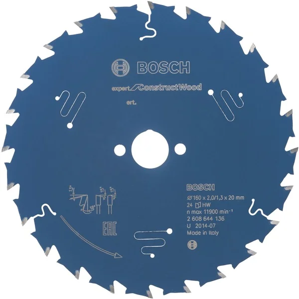 Bosch Professional EXPERT Construct Wood Kreissägeblatt, Ø 160mm, 24Z (Bohrung 20mm, für Handkreissägen)