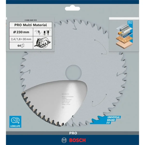 Bosch Professional PRO Multi Material Kreissägeblatt, Ø 230mm, 64Z (Bohrung 30mm, für Handkreissägen)