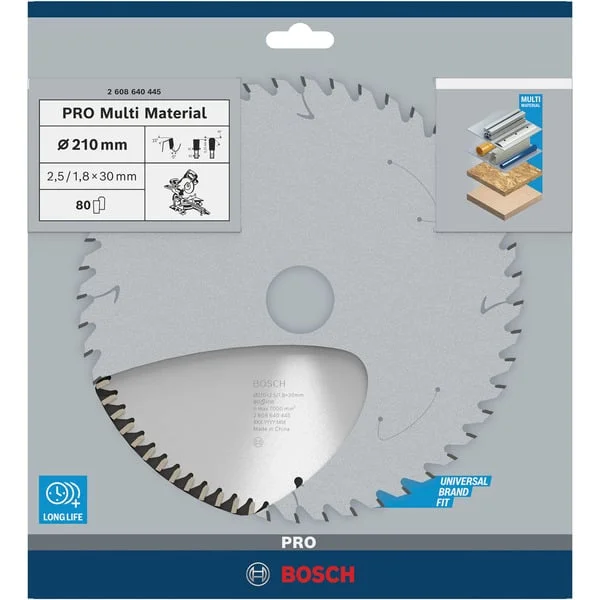 Bosch Professional PRO Multi Material Kreissägeblatt, Ø 210mm, 80Z (Bohrung 30mm, für Kapp- & Gehrungssägen)