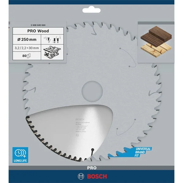 Bosch Professional PRO Wood Kreissägeblatt, Ø 250mm, 80Z (Bohrung 30mm, für Tischkreissägen)
