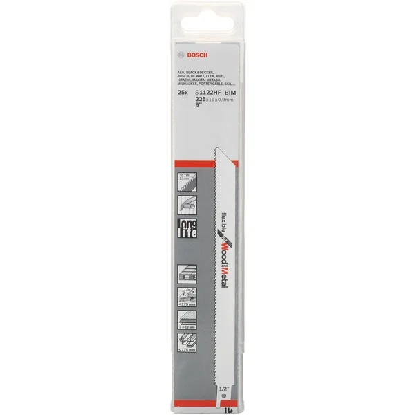 Bosch Professional Säbelsägeblatt S 1122 HF Flexible for Wood and Metal, 25 Stück (Länge 225mm)